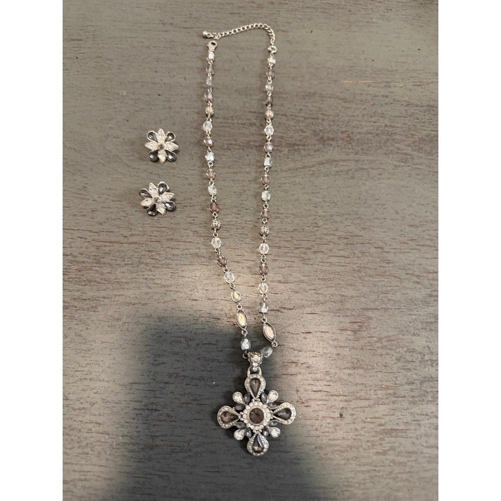 vintage Silver Tone Cross Pendant Beaded Necklace Floral Stud Earring Jewelry